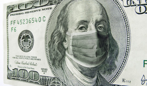 Ben Franklin Wearing A Coronavirus Healthcare Mask On One Hundred Dollar Bill.