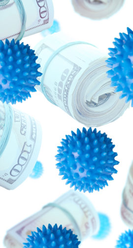 Business Hype On Coronavirus Concept. Photo Collage Of Dollar Bill Rolls, And Coronavirus Miniatures Flying.