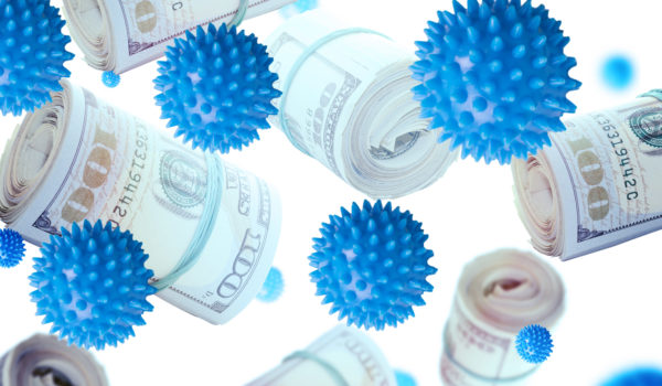 Business Hype On Coronavirus Concept. Photo Collage Of Dollar Bill Rolls, And Coronavirus Miniatures Flying.