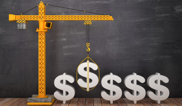 Tower Crane With DOLAR SIGN On Chalkboard Background 3D Rendering