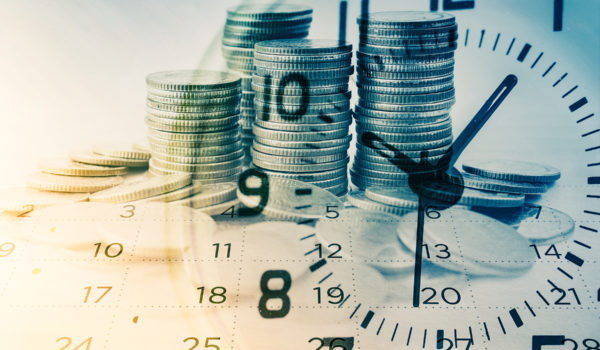 Double Exposure Of Rows Of Coins With Clock And Calendar For Business And Finance Background
