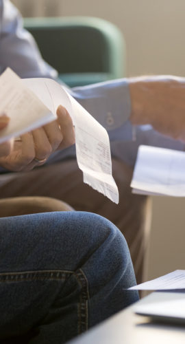 Spouses Manage Family Budget Check Bills Cheques Closeup Cropped Image